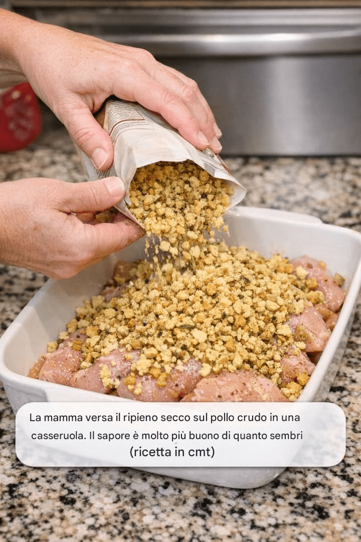 La mamma versa il ripieno secco sul pollo crudo in una casseruola. Il sapore è molto più buono di quanto sembri.